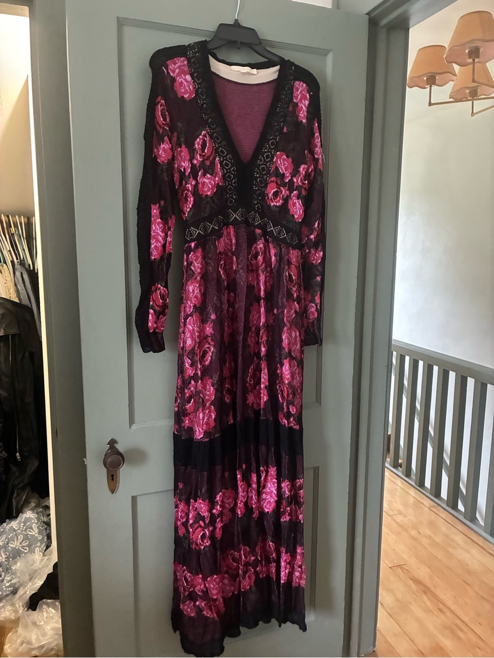 Anthropologie Cecilia Prado Black Maxi Dress with Fuchsia Floral Print